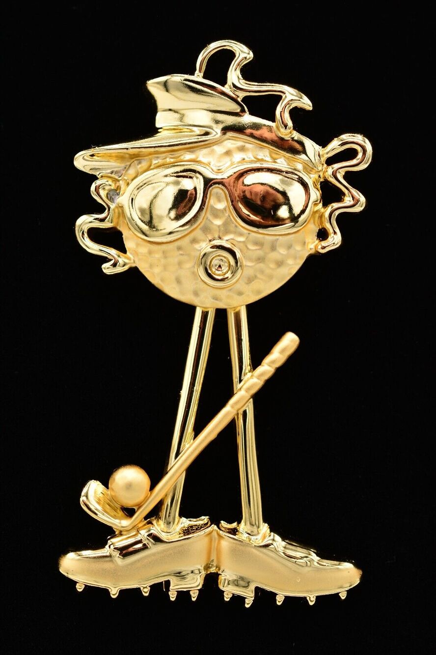 AJC Vintage Funny Golf Ball Pin Brooch Dangle Brushed Gold NOS Signed 80s BinA5